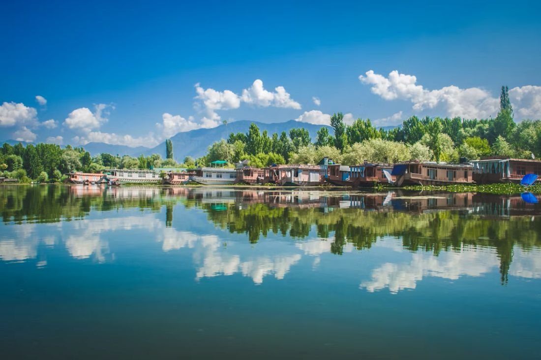 Houseboats reflected in Dal Lake, Srinagar