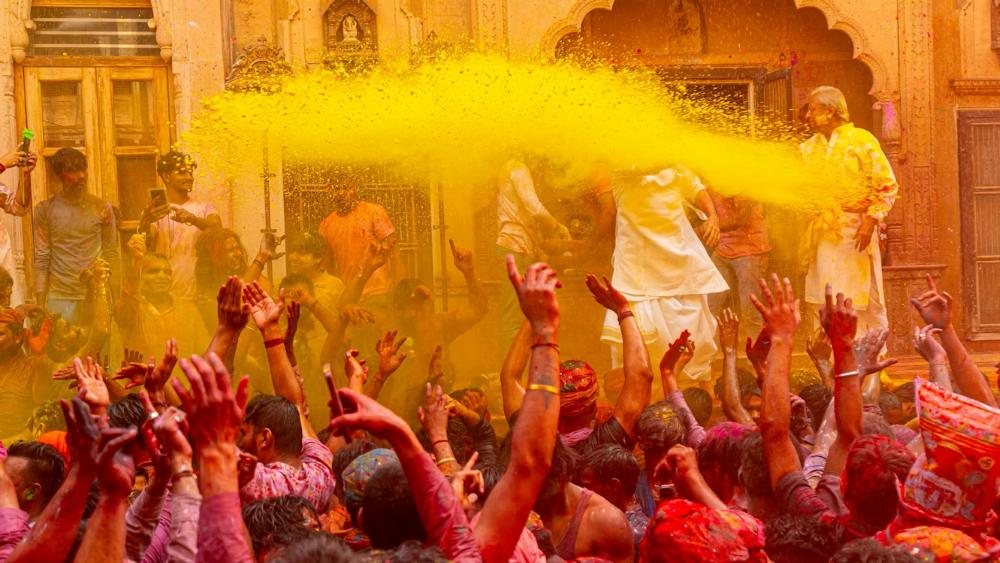 Holi celebrations in a temple of Vrindavan