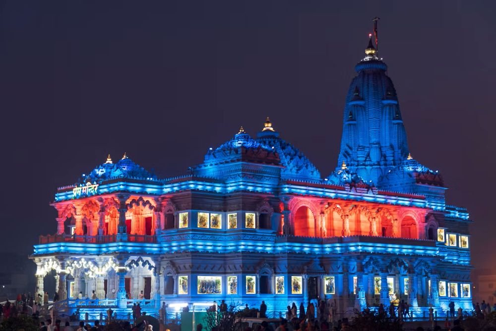 Prem Mandir lit up at night, Vrindavan