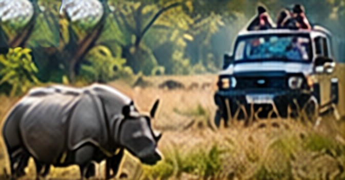 Rhino near a safari jeep, Chitwan